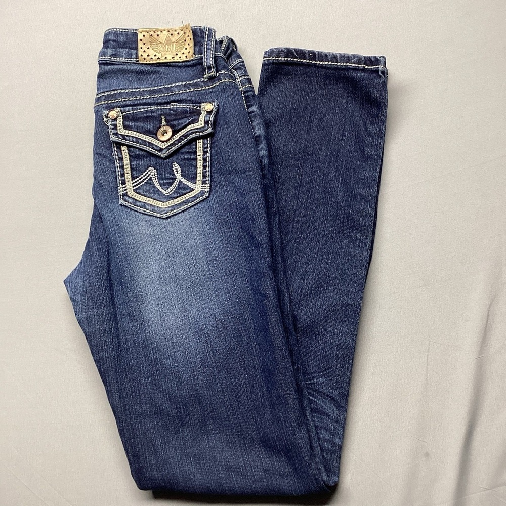 YMI Embroidered Flap Pocket Studded Jeans Sz 12 Thick Stitch Y2K McBling Stretch